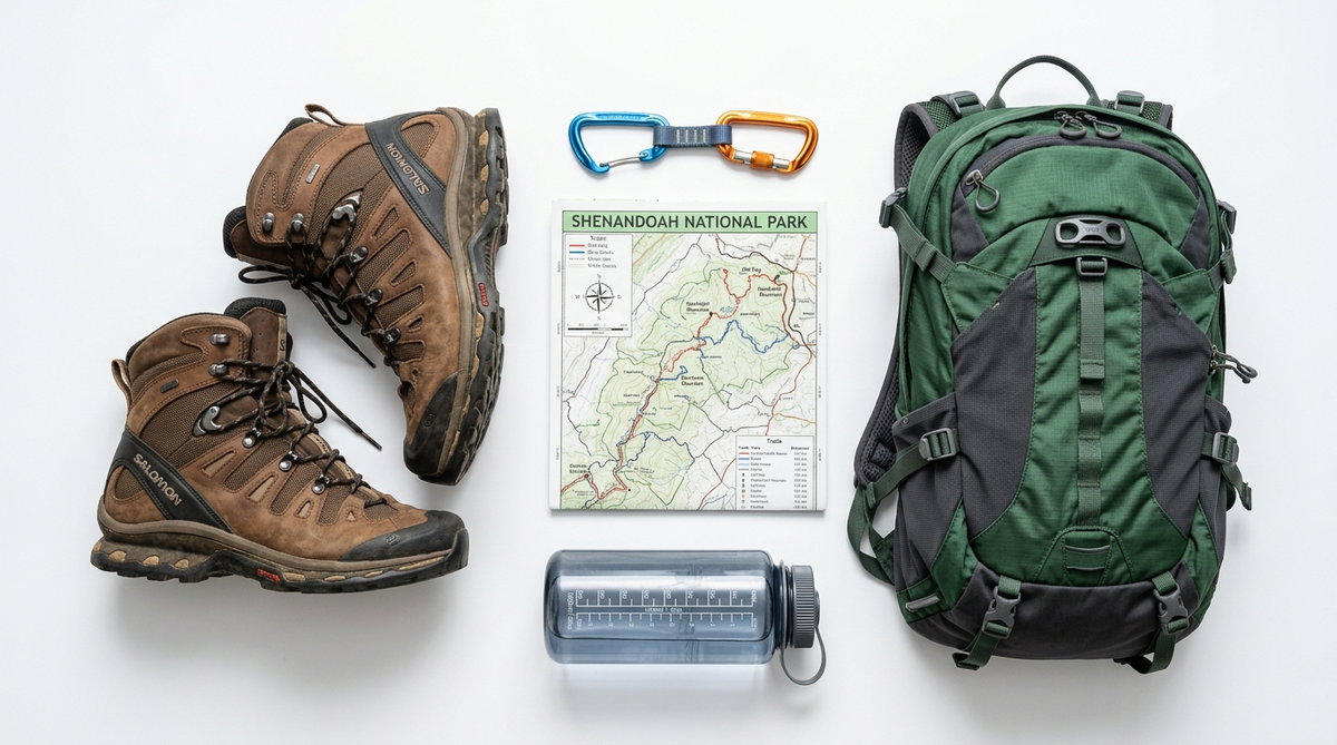 Outdoor gear flat-lay including hiking boots, backpack, and trail map for REI savings guide