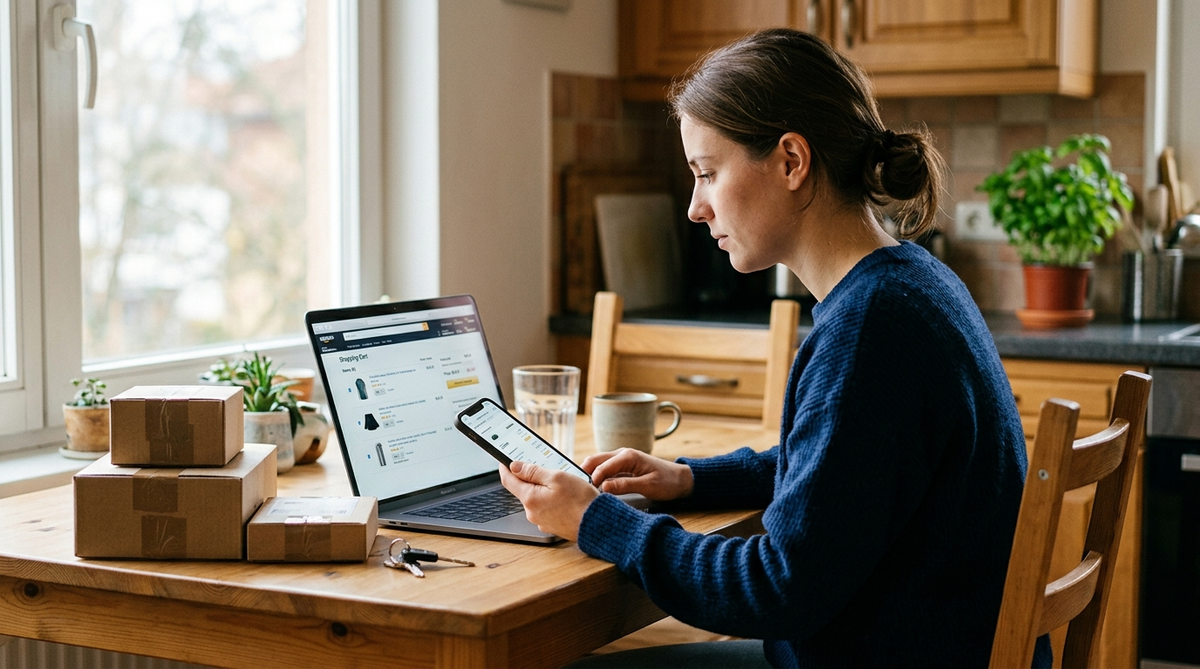 Woman comparing prices on laptop and phone while shopping on Amazon, packages on kitchen table, how to save money on Amazon