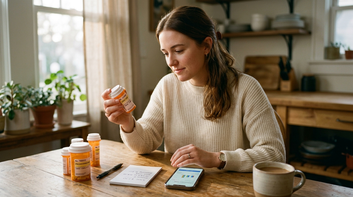 Person comparing prescription prices on phone next to medication bottles at kitchen table