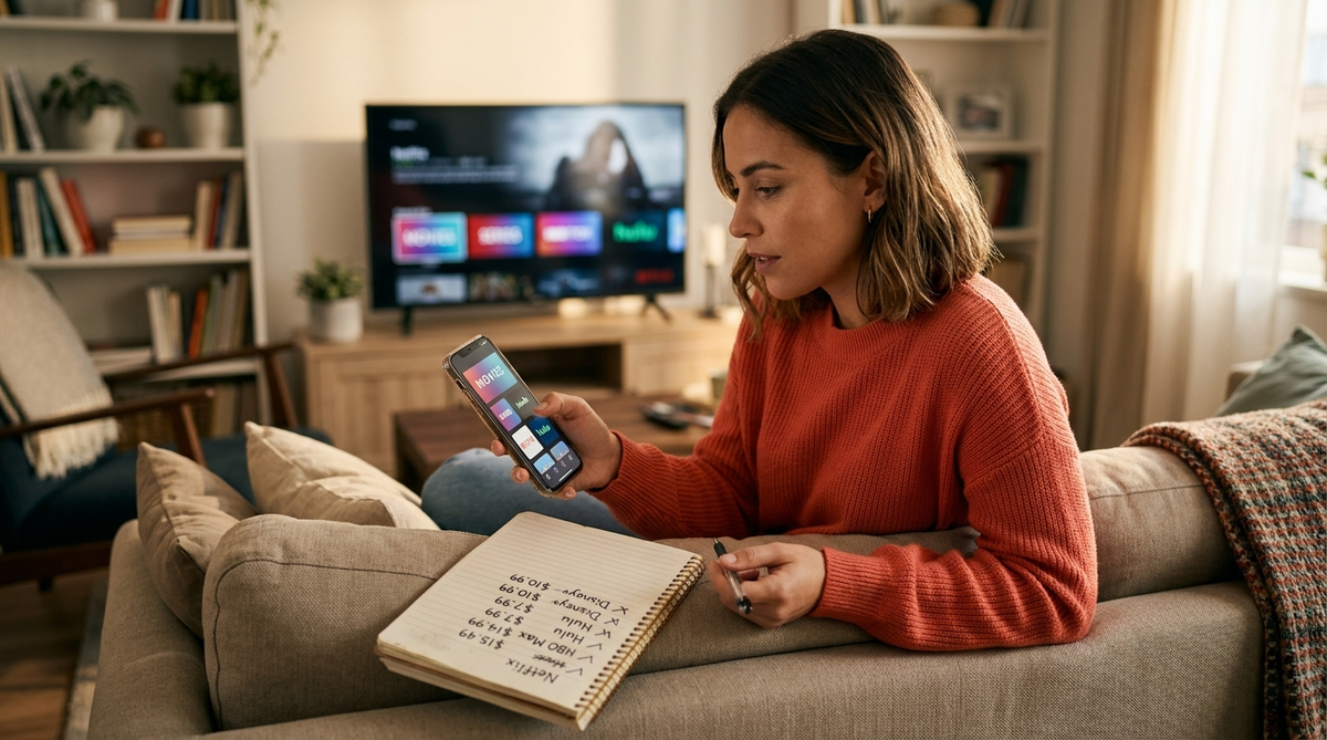 Person on couch reviewing streaming service subscriptions on smartphone with monthly cost notepad - how to save on streaming services