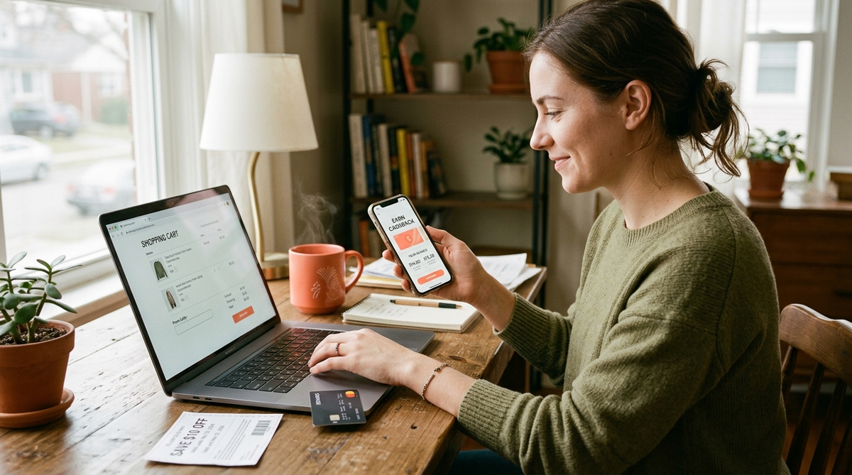 Shopper stacking savings at home desk with laptop, phone showing cashback app, and coupon beside credit card