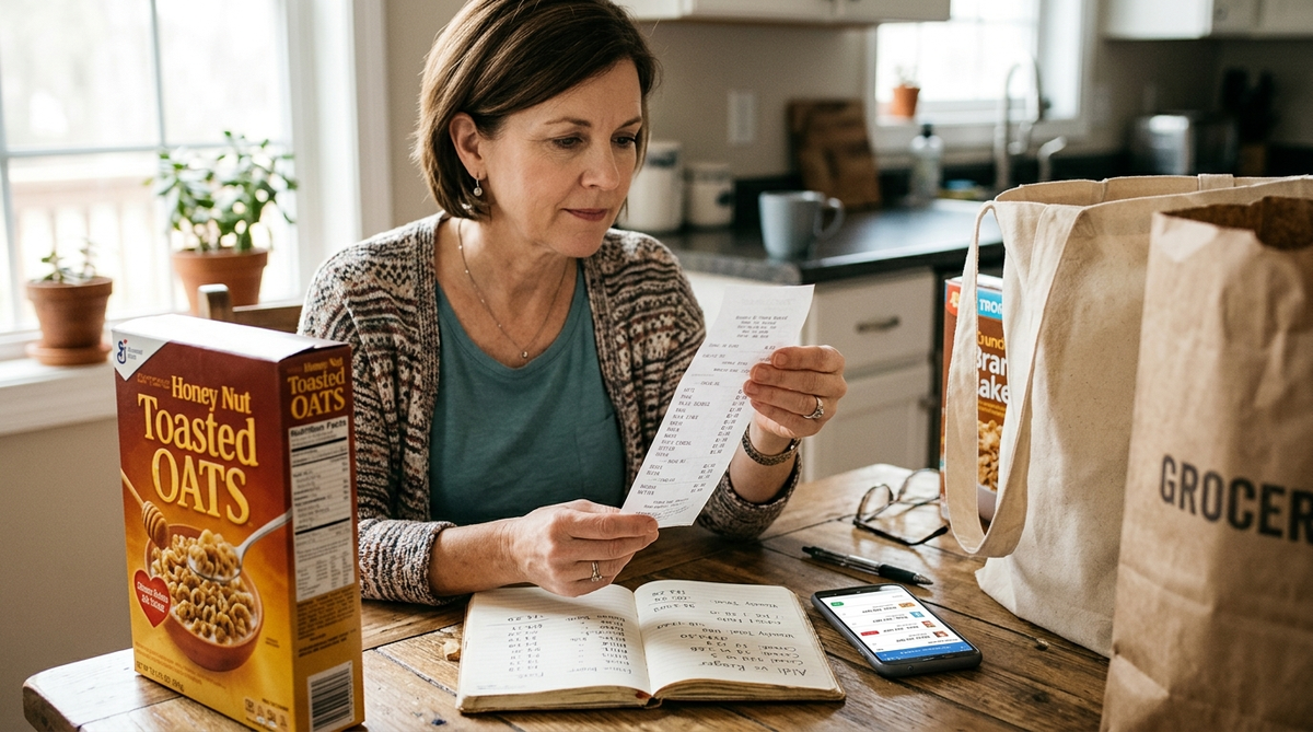 Consumer comparing grocery prices and reviewing receipts to fight inflation impact on shopping budget