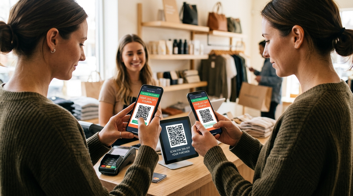 Mobile Coupon Statistics 2026 Featured Image Person scanning a mobile coupon QR code at retail checkout - mobile coupon statistics 2026