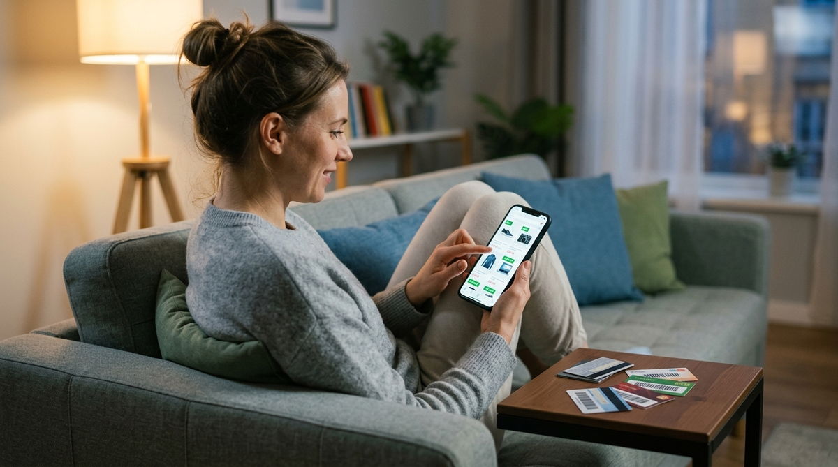 Woman on couch scrolling through online shopping app with loyalty cards on table, demonstrating mobile shopping trends in 2026