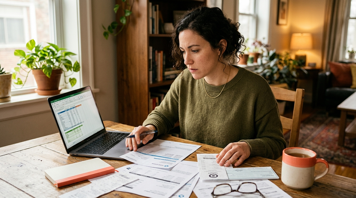 Personal Finance Statistics: Key Data on Savings, Debt, and Financial Literacy – Featured Image American adult reviewing personal finance statistics and budget documents at a kitchen table