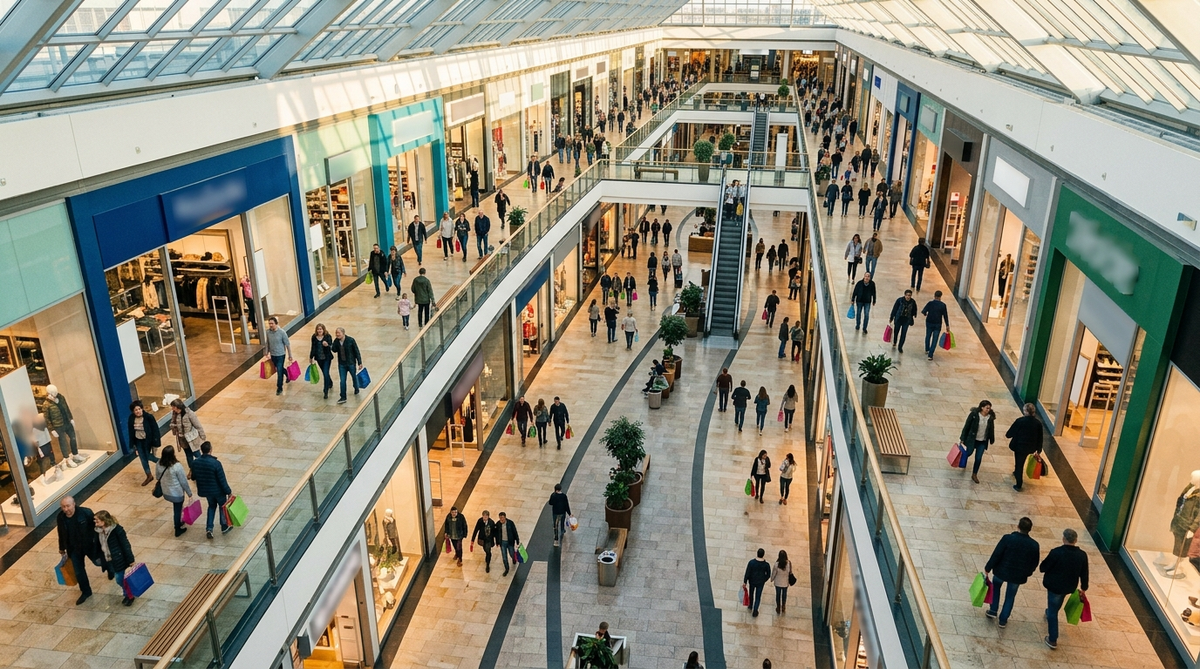 Overhead view of a busy shopping mall with shoppers on multiple floors, illustrating the scale of the US retail industry