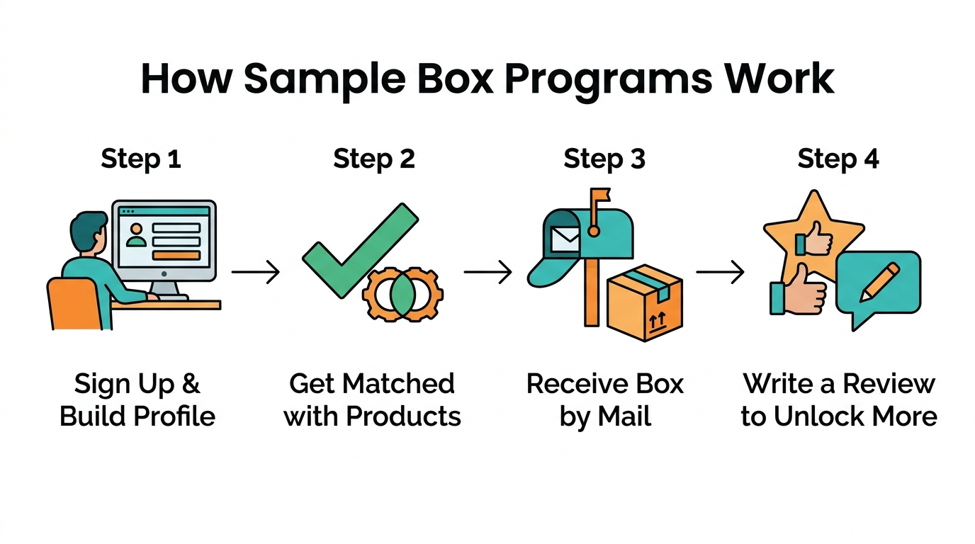 4-step process diagram showing how sample box programs work: sign up, get matched, receive box, write review