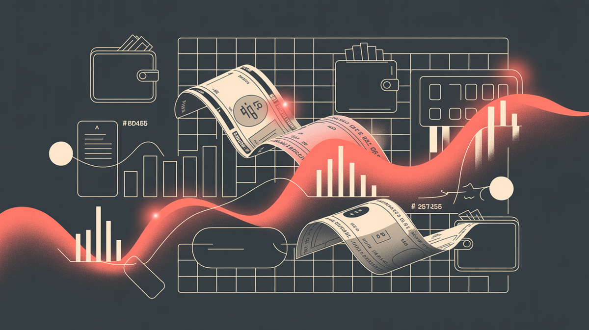 Shrinkflation Statistics 2026 – Featured Image Abstract data visualization showing shrinkflation statistics with currency flow streams, bar chart fragments, and wallet silhouettes