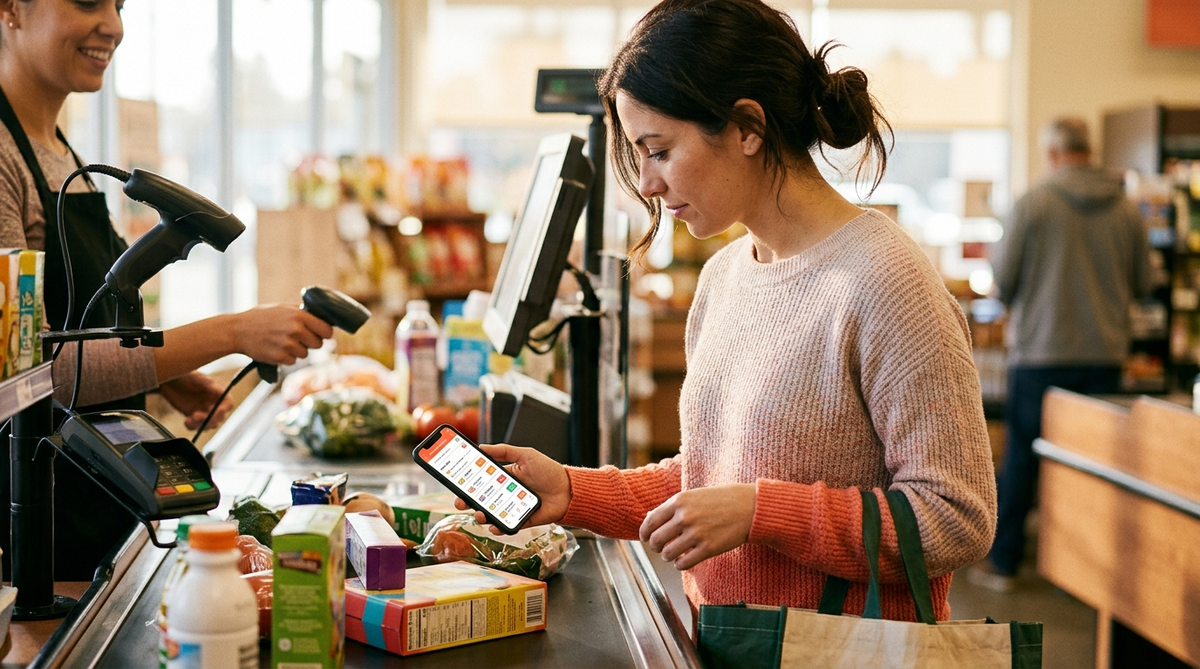 Shopper using smartphone to apply stacked coupon codes at grocery store checkout