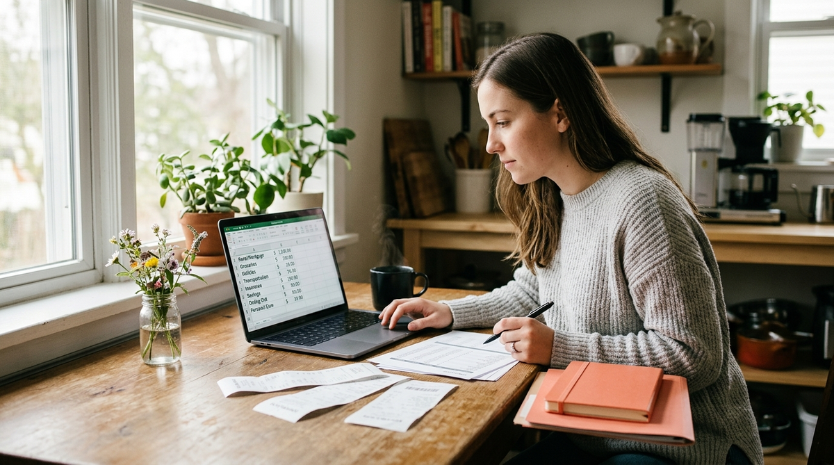 Person reviewing US household budget statistics on laptop at kitchen table with receipts and expense spreadsheet