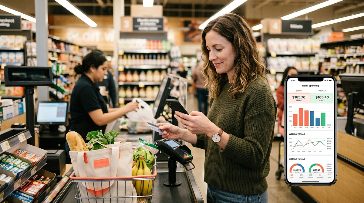 US Retail Sales Statistics 2026: Trends, Data & Key Findings Consumer checking retail spending data on smartphone at grocery store checkout, illustrating US retail sales statistics trends