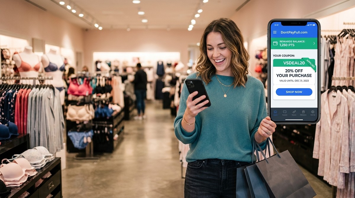 Woman in a lingerie store checking reward points and coupon codes on her smartphone while shopping