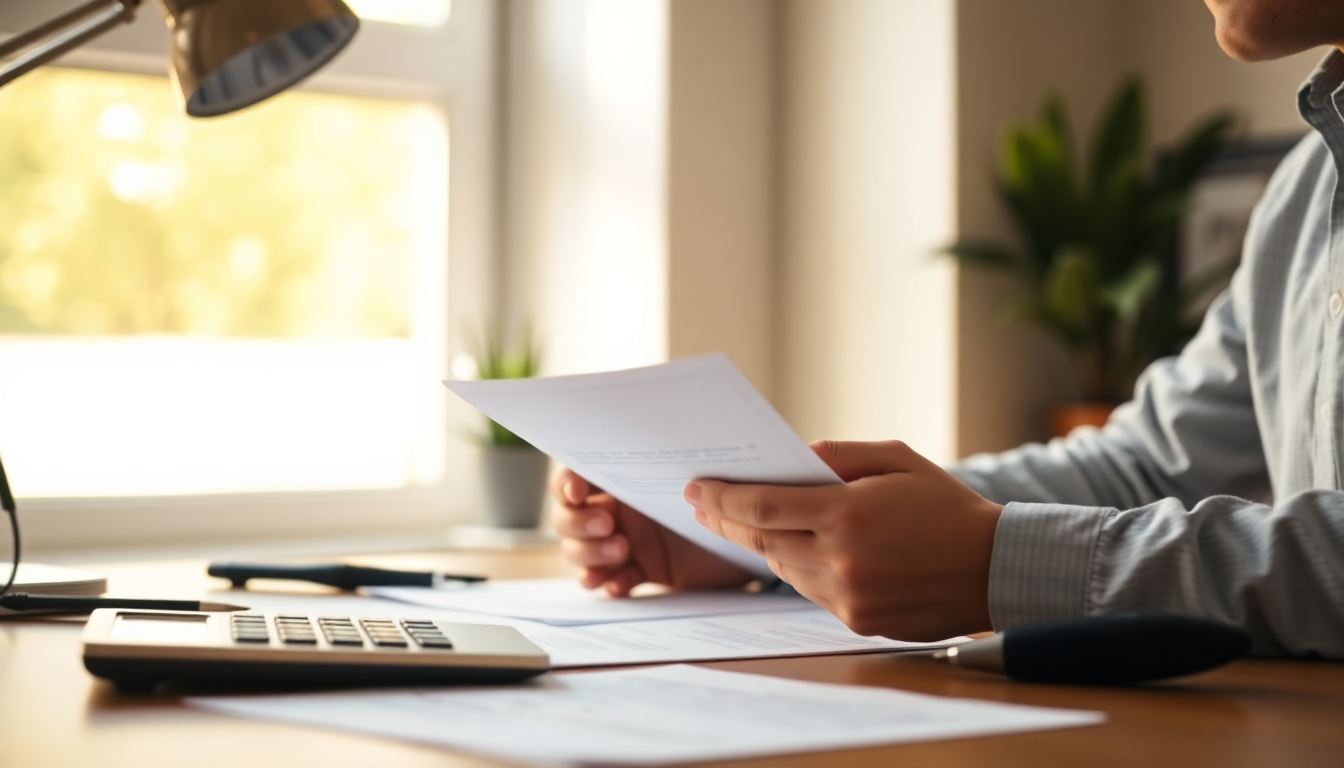 Person reviewing car insurance documents at home desk to find savings on premiums