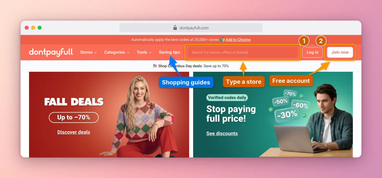 The DontPayFull home page annotated by AInotate: step 1 on Log in, step 2 on Join now, arrows to the store search and Saving tips