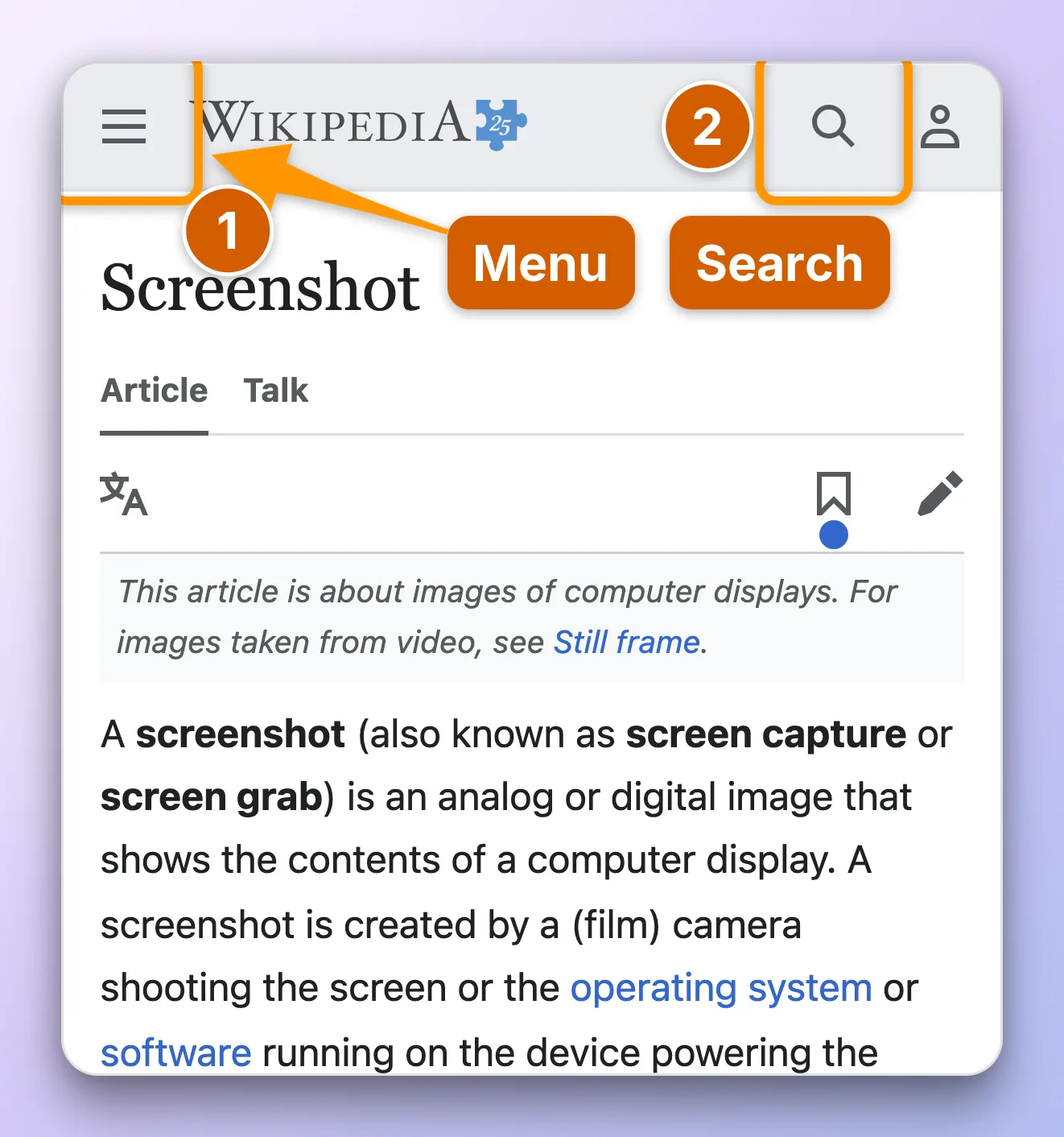 Wikipedia on a phone with step 1 on the Menu button and step 2 on Search