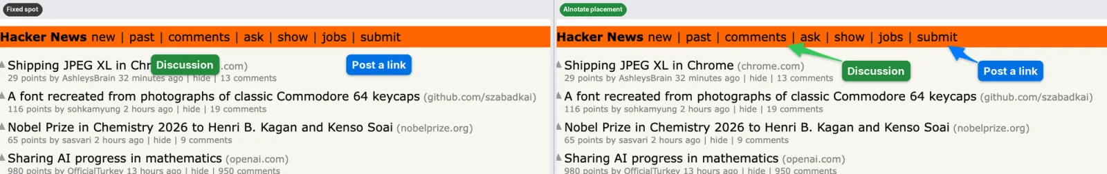 The same Hacker News labels placed at a fixed spot, covering text, and placed by AInotate in free space with arrows