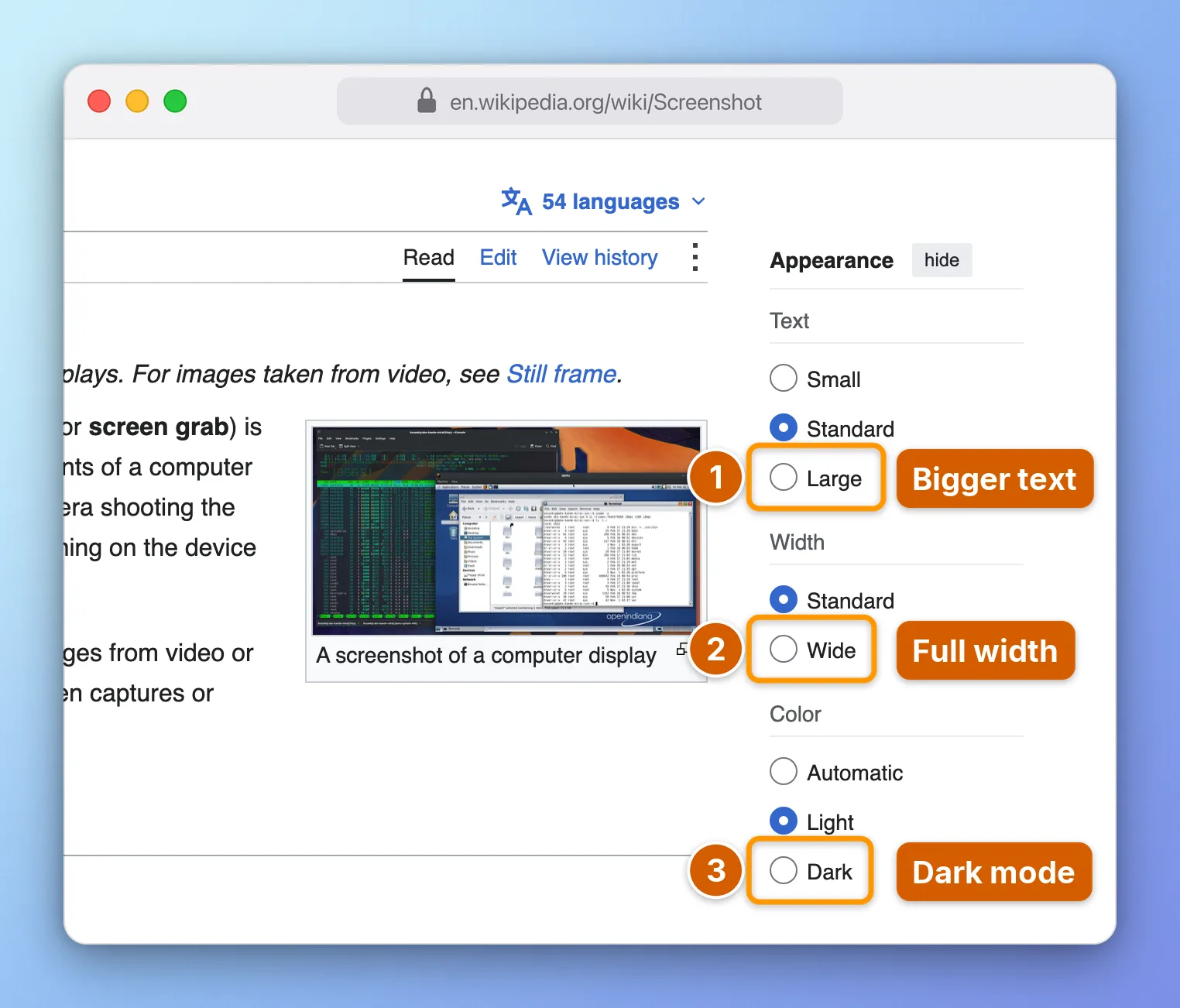 Wikipedia with the Appearance panel open and three numbered steps: Bigger text, Full width, Dark mode